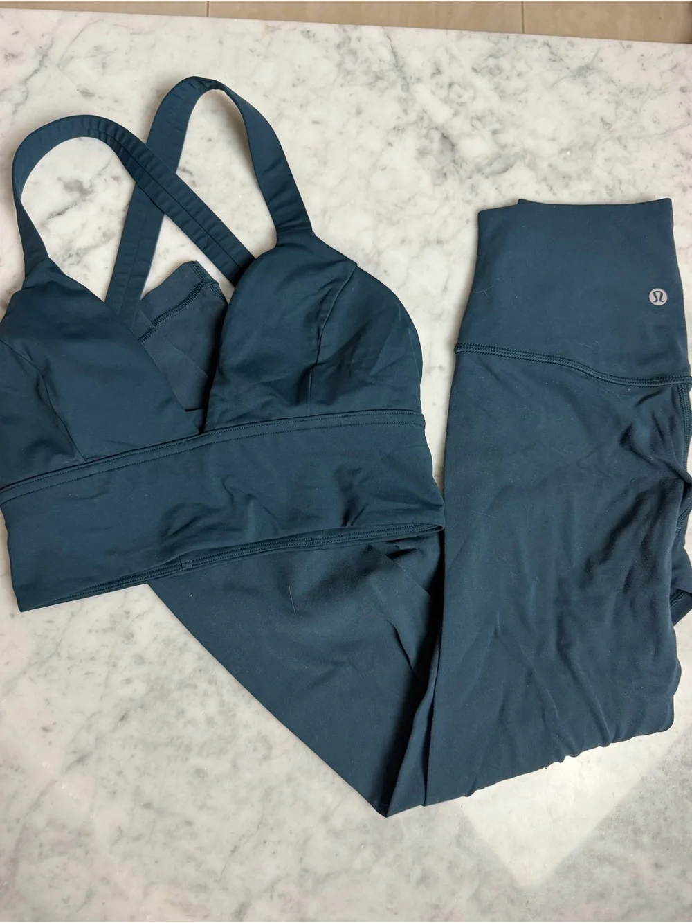 lululemon athletica Deep Teal Longline Sports Bra and Leggings Set